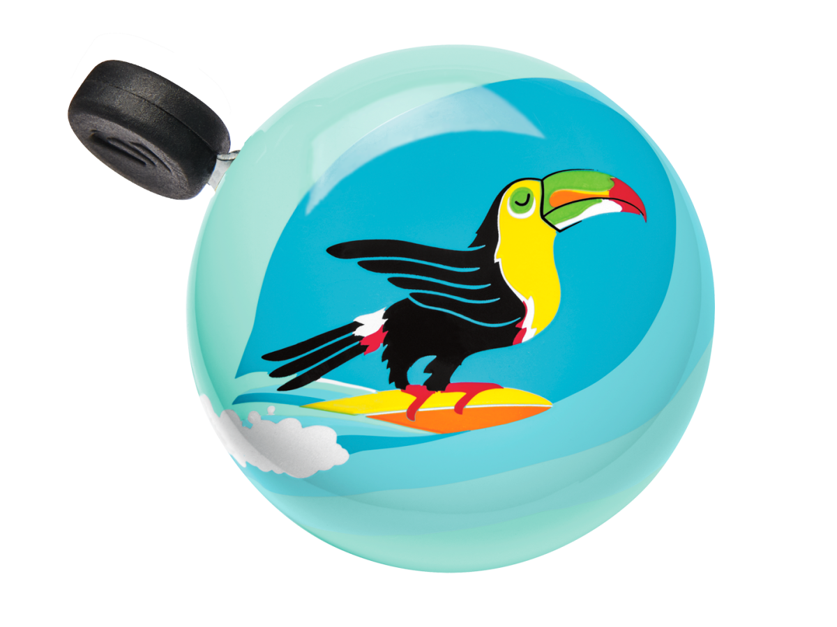 Electra bicycle bell in turquoise with colorful toucan surfing design on clean background