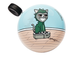 Electra bicycle bell with light blue background featuring cartoon cat in green hoodie