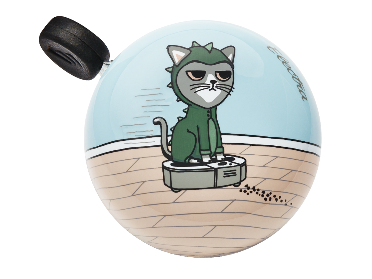 Electra bicycle bell with light blue background featuring cartoon cat in green hoodie