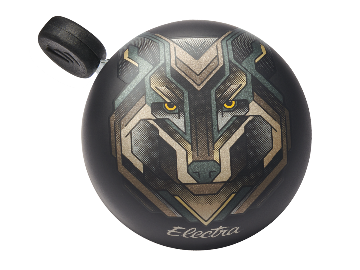Electra bicycle bell with black background and geometric wolf face design