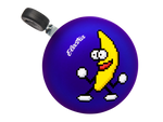 Electra bicycle bell with purple background and yellow pixelated banana character design