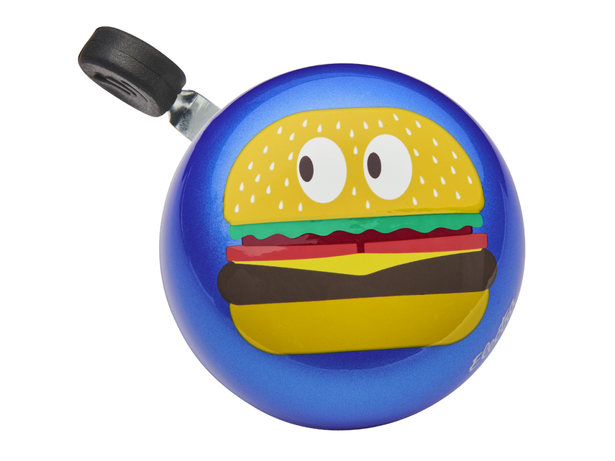 Blue Electra bicycle bell with hamburger design and googly eyes