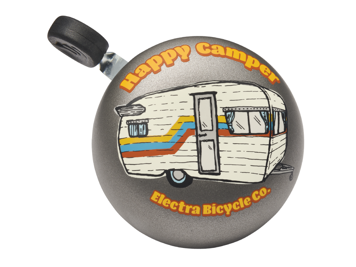 Electra Happy Camper bicycle bell with vintage RV trailer design on gray background