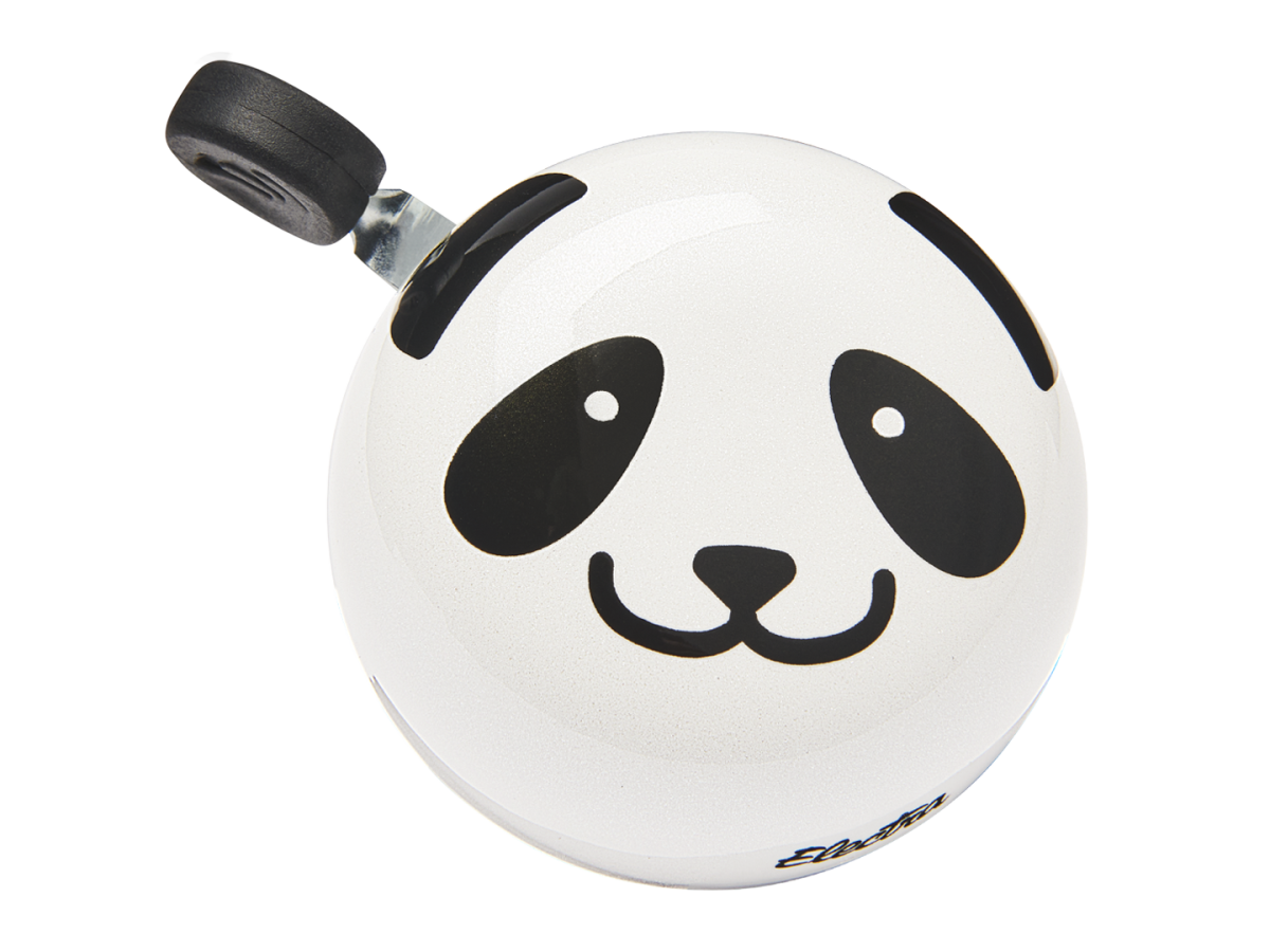 White bicycle bell with cute black panda face design featuring eyes, eyebrows and smile