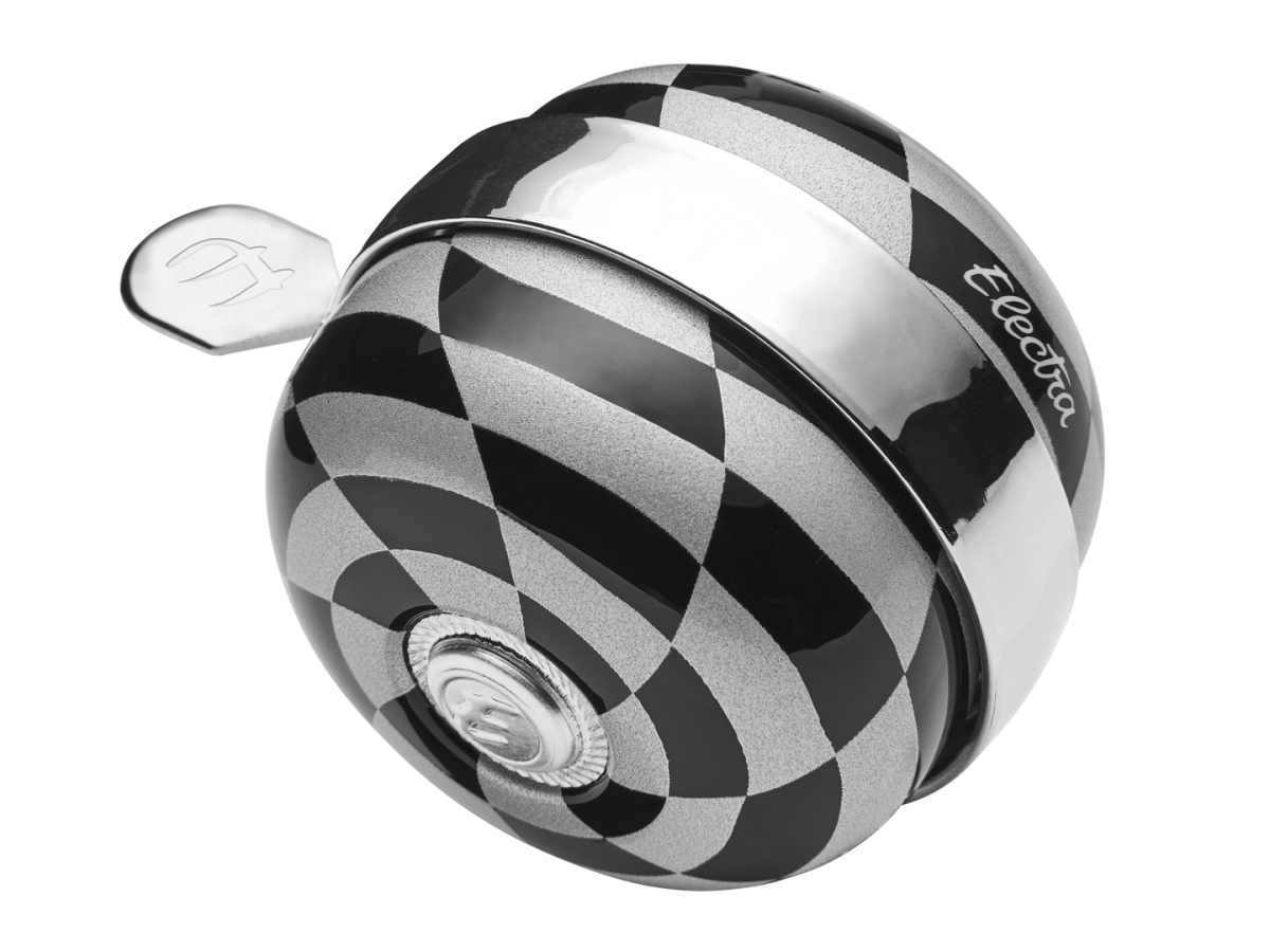 Electra bicycle bell with black and silver checkered spiral pattern design