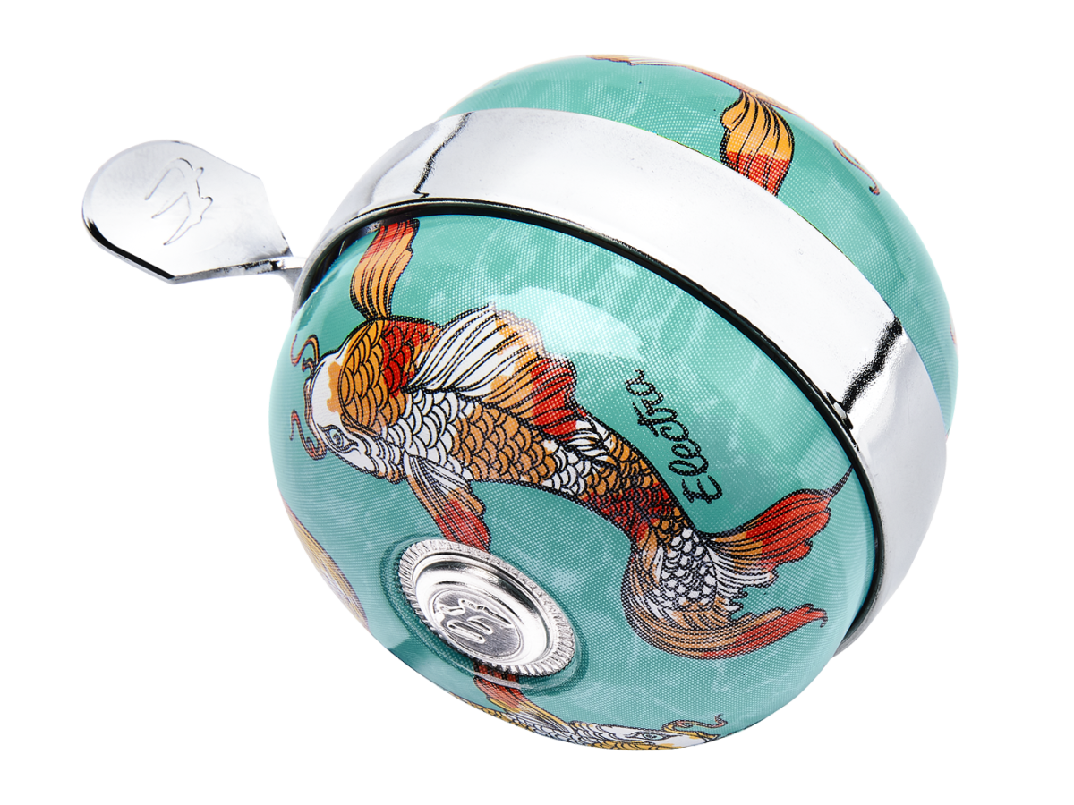 Electra bicycle bell with turquoise background and colorful koi fish pattern design
