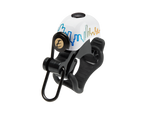 Electra bicycle bell with white dome featuring colorful skyline graphic and black mounting hardware