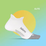 Feetures Elite white invisible running sock with gray accents on gradient background