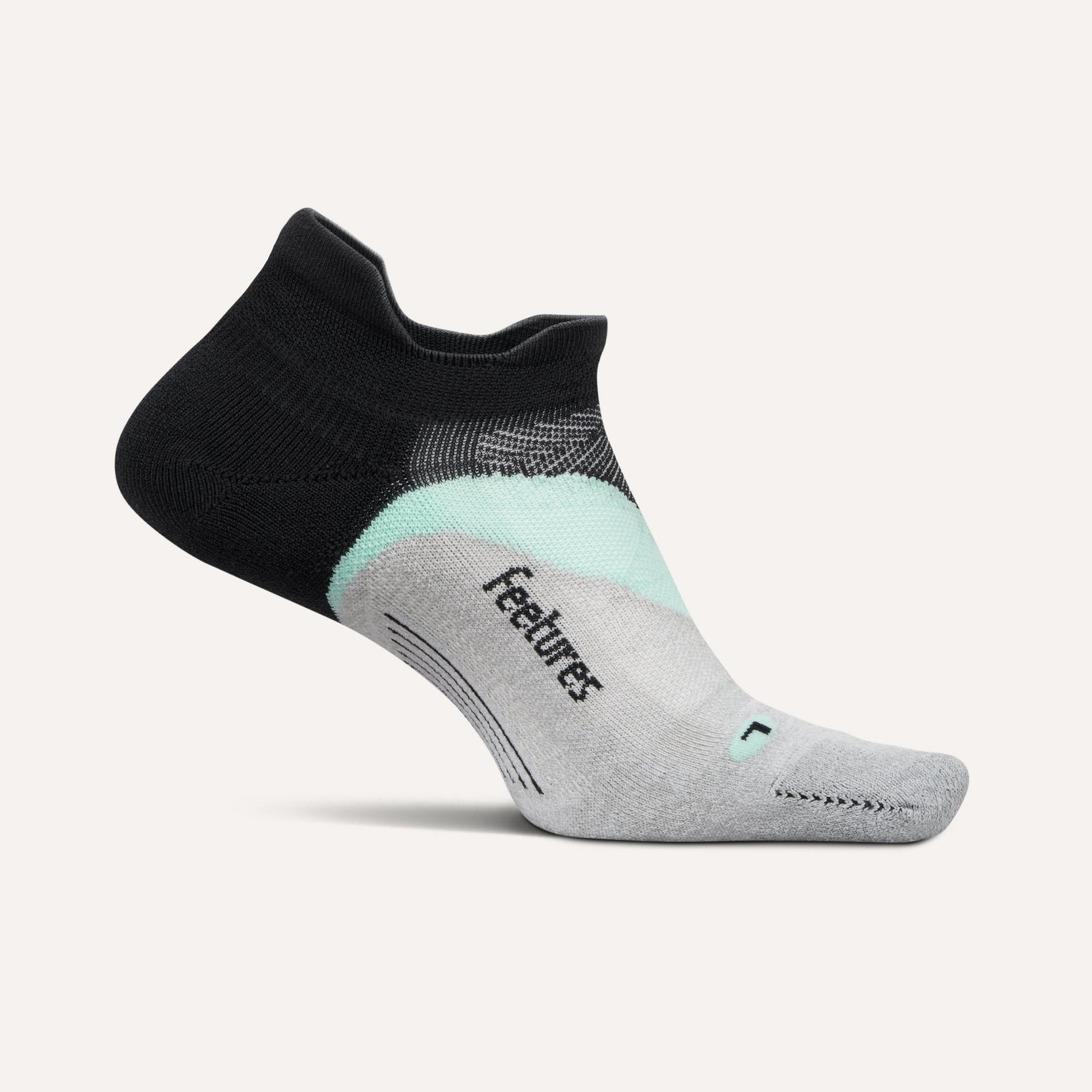 Feetures Elite Light Cushion no-show running sock in black and grey colorway