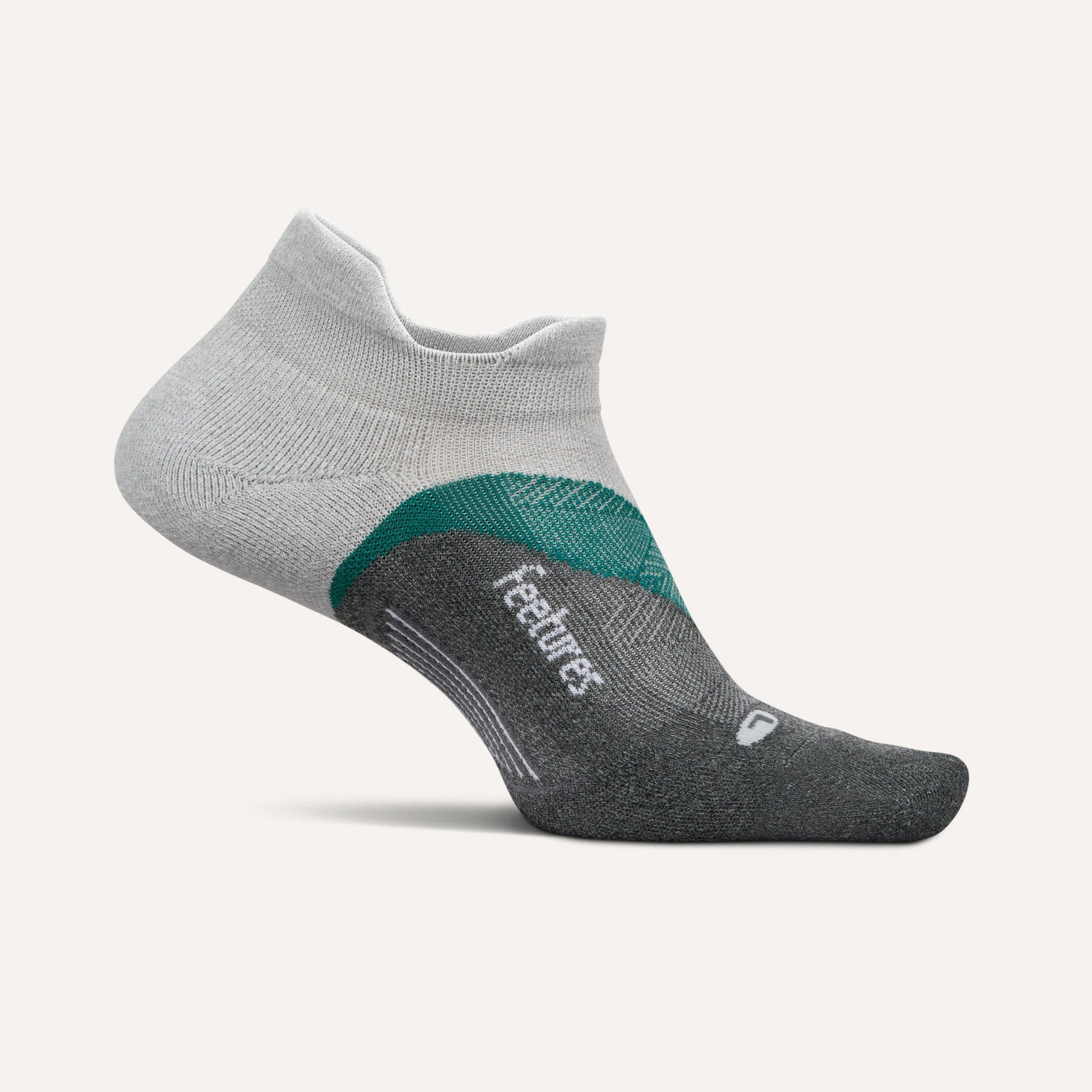 Feetures Elite Light Cushion Tab running sock in grey with teal accent stripe