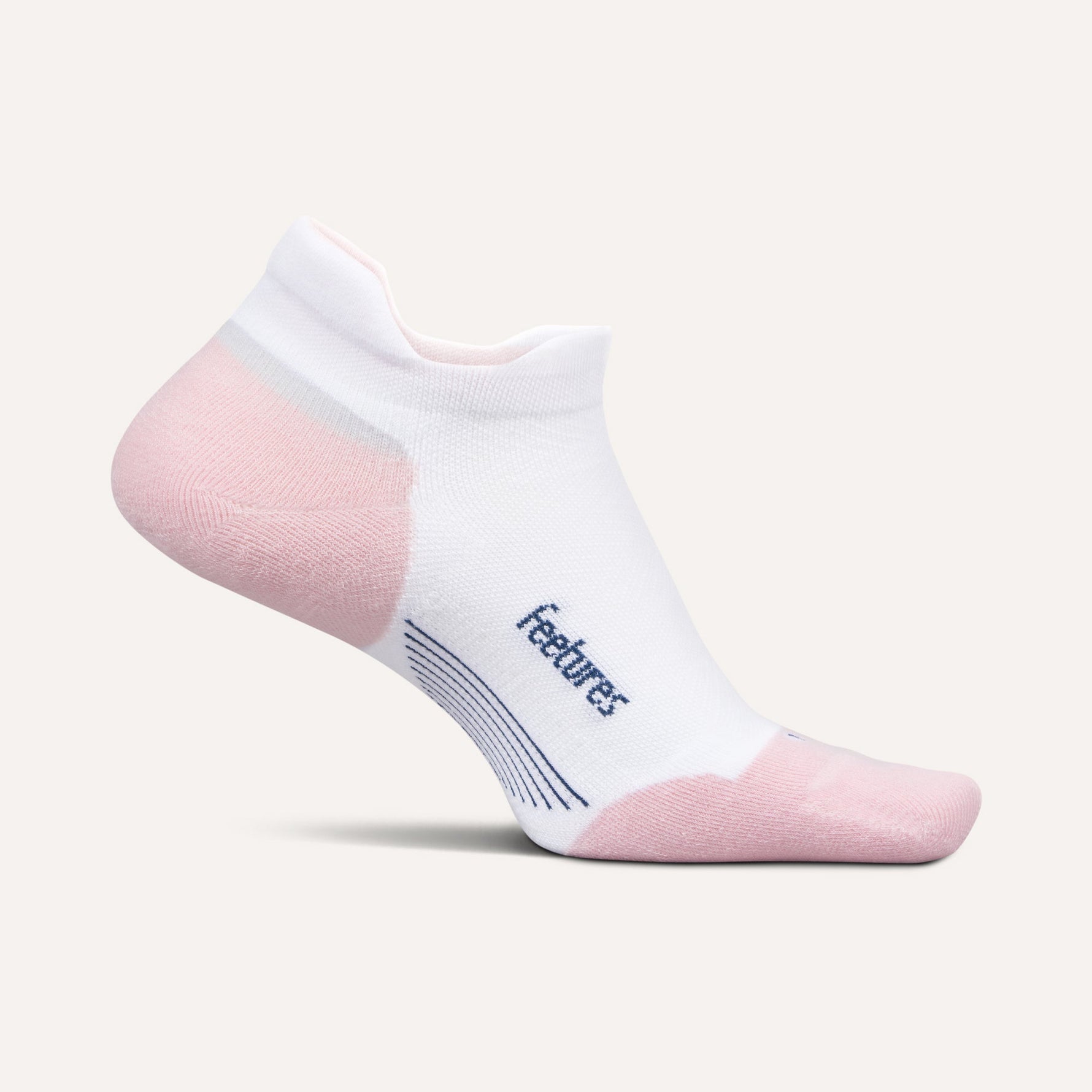Feetures Elite Max Cushion Tab sock in white with pink heel and toe