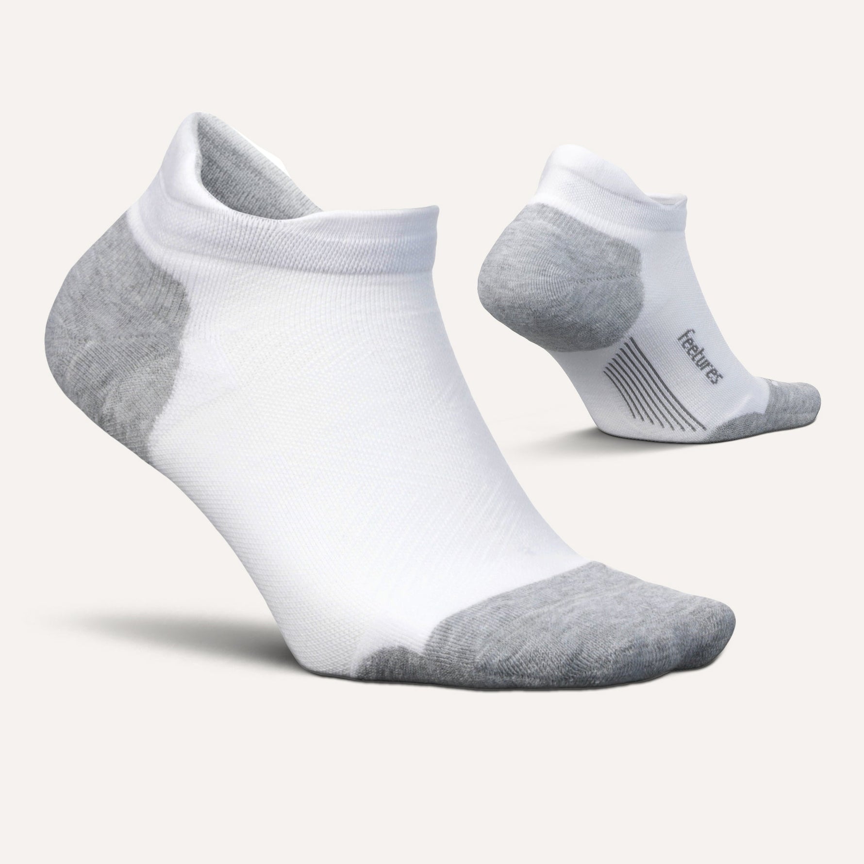 Feetures Elite Max Cushion Tab athletic socks in white with gray accents