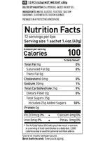 Maurten Gel 100 nutrition facts label showing 100 calories per 40g sachet, 12 servings per box