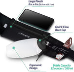 Fitletic running belt with 12oz water bottle, large pouch dimensions and quick-flow race cap labeled