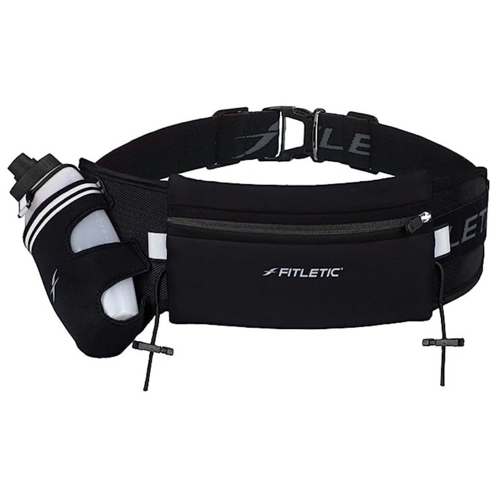 Fitletic Fully Loaded running belt in black with water bottle holder and zipper pouch