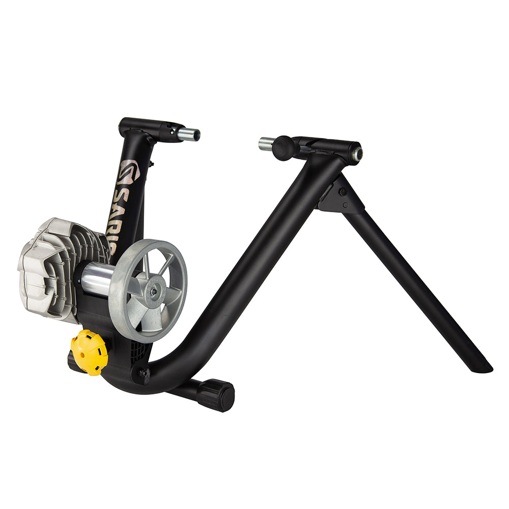 Saris Fluid 2 indoor bicycle trainer in matte black with silver resistance unit on white background