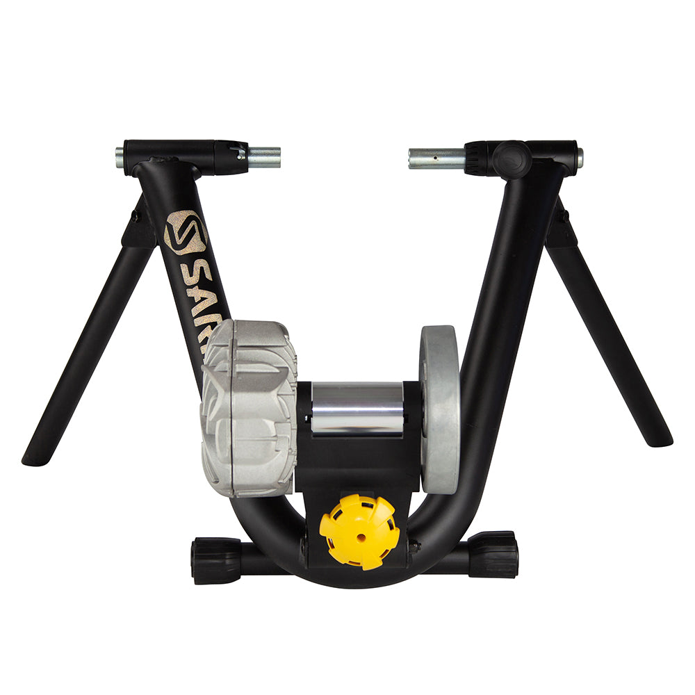 Saris Fluid 2 indoor bicycle trainer with black frame and silver resistance unit