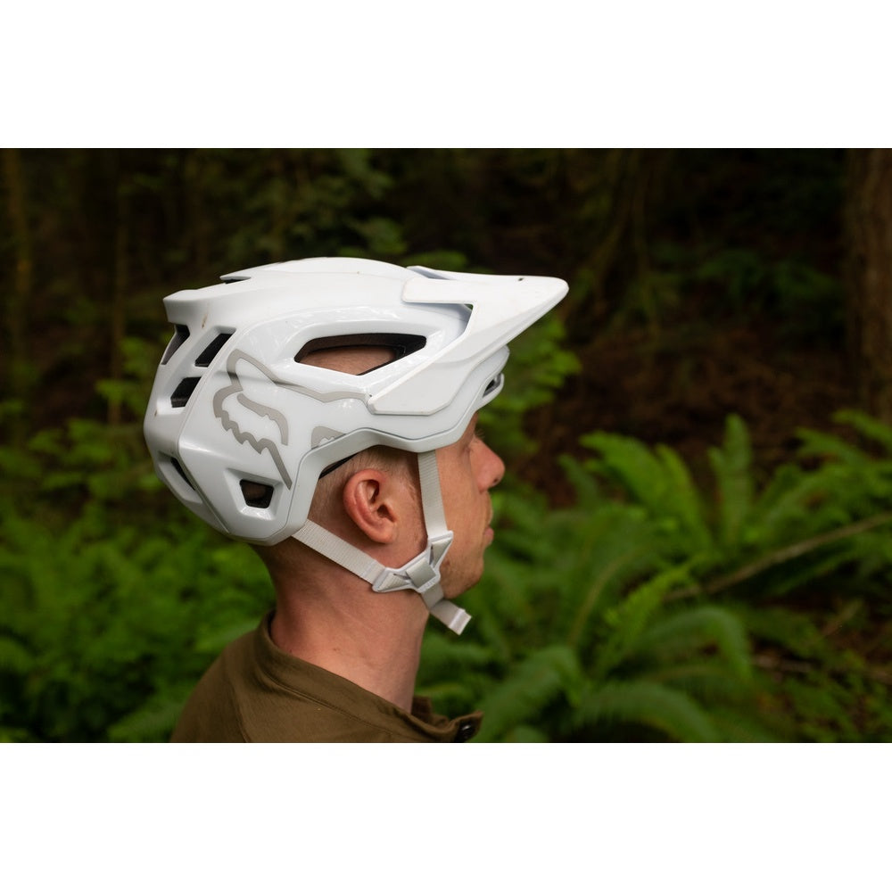 Fox Racing Speedframe mountain bike helmet in gloss white worn by male model outdoors