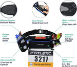 Fitletic Fully Loaded belt infographic showing silicone grippers, inner pocket, reflective accents and race bib attachment