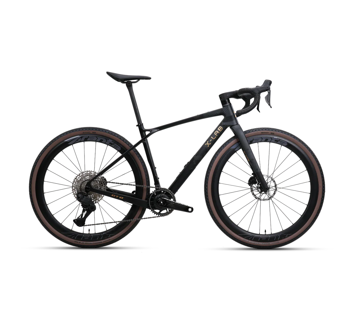 X-LAB GT8 gravel bike in matte black finish with tan sidewall tires on transparent background