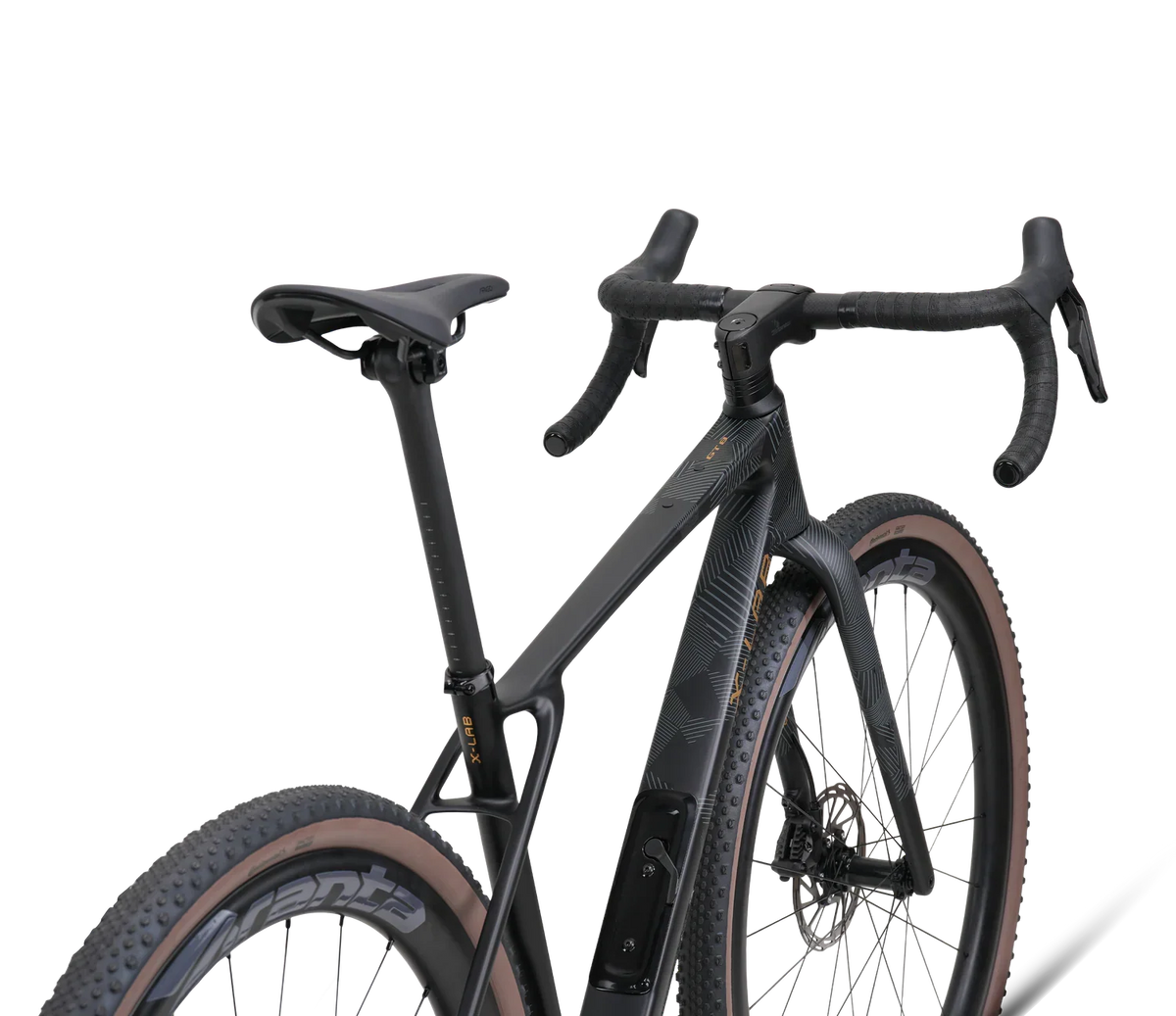 X-LAB GT8 black gravel e-bike close-up of rear frame, saddle, and handlebar area