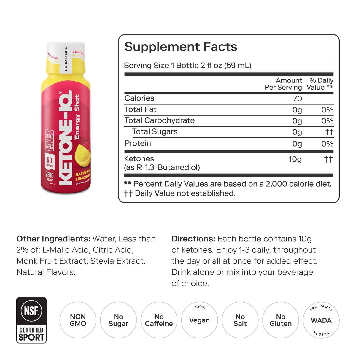 Ketone-IQ Raspberry Lemonade Energy Shot supplement facts panel showing 70 calories and 10g ketones