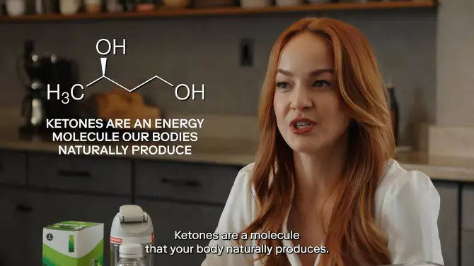 Ketone-IQ brand video still showing woman explaining ketones as natural energy molecules with chemical structure