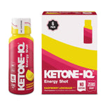 Ketone-IQ Raspberry Lemonade Energy Shot bottle and 6-pack box on white background