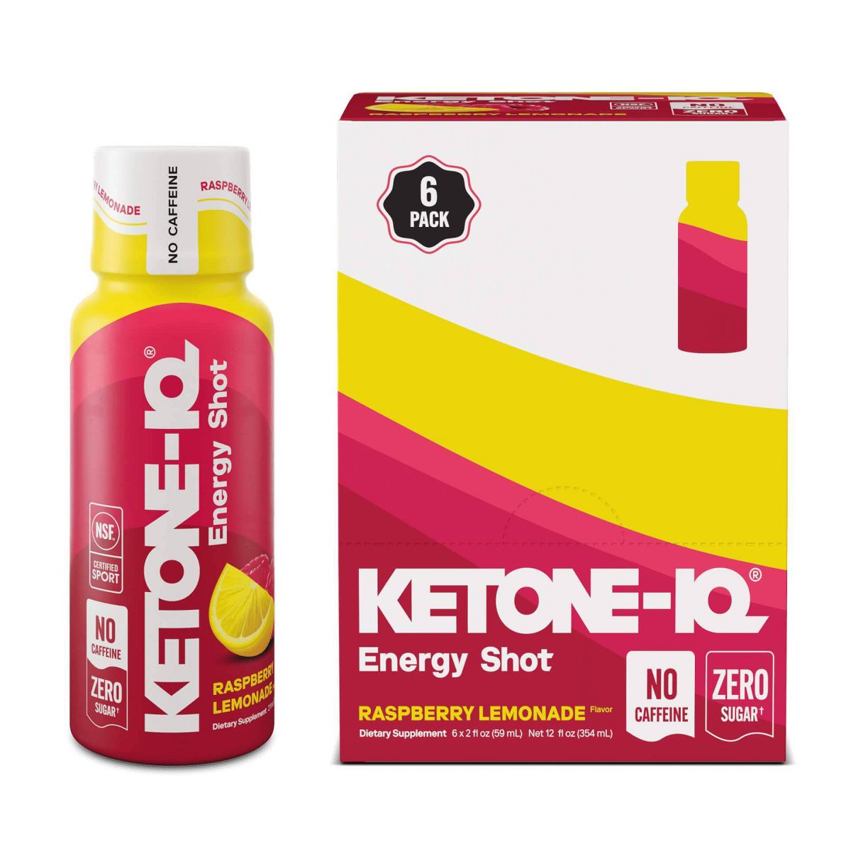 Ketone-IQ Raspberry Lemonade Energy Shot bottle and 6-pack box on white background