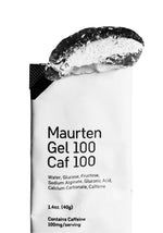 Maurten Gel 100 Caf 100 energy gel packet opened showing hydrogel texture