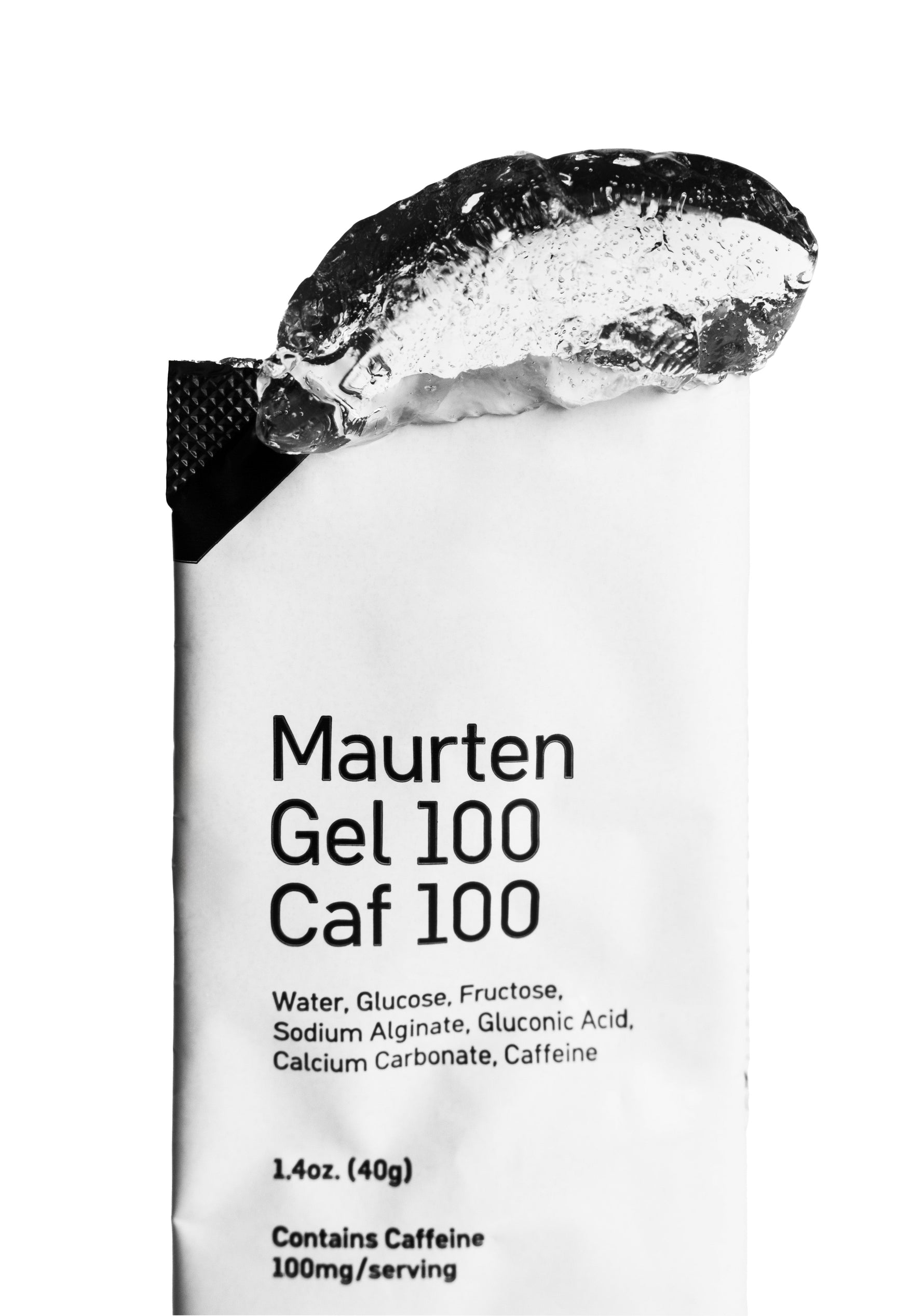 Maurten Gel 100 Caf 100 energy gel packet opened showing hydrogel texture