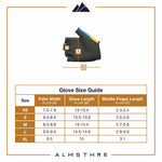 Almsthre padded short finger gloves in midnight black with size guide chart