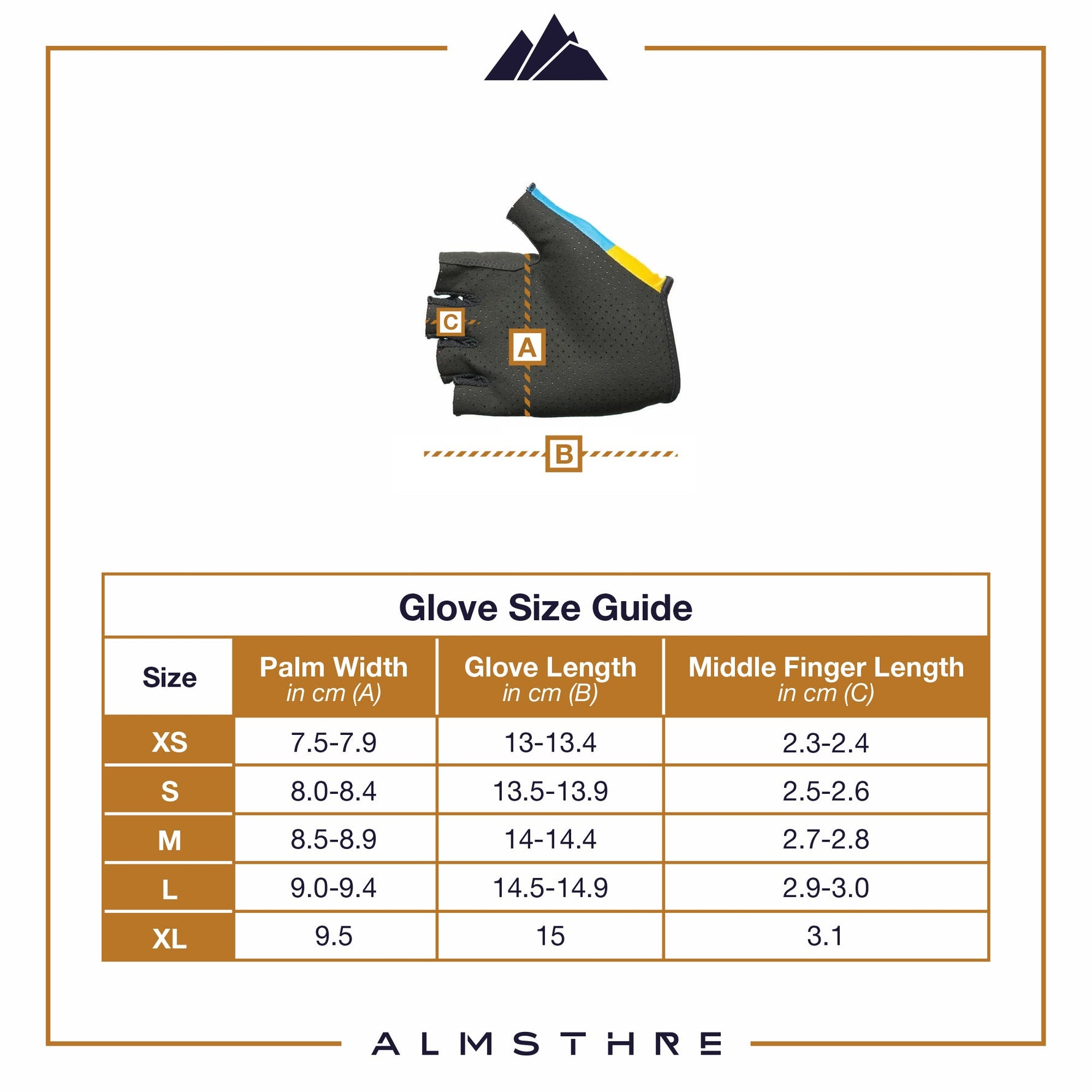 Almsthre padded short finger cycling gloves in midnight black with sizing guide chart