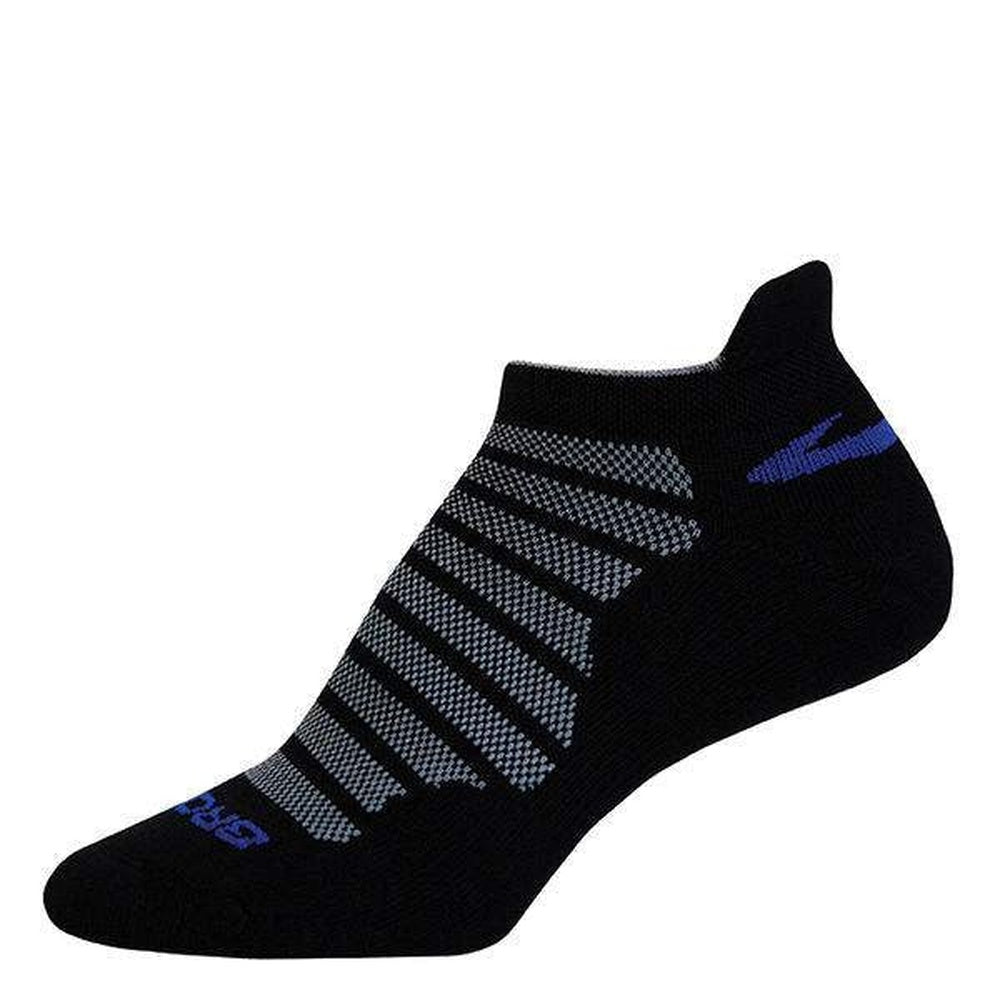 Brooks Glycerin Midweight no-show running sock in black with gray cushioning stripes and blue logo