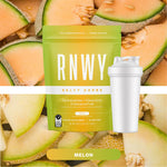 RNWY Salty Carbs melon flavor endurance fuel package with white shaker bottle on cantaloupe background