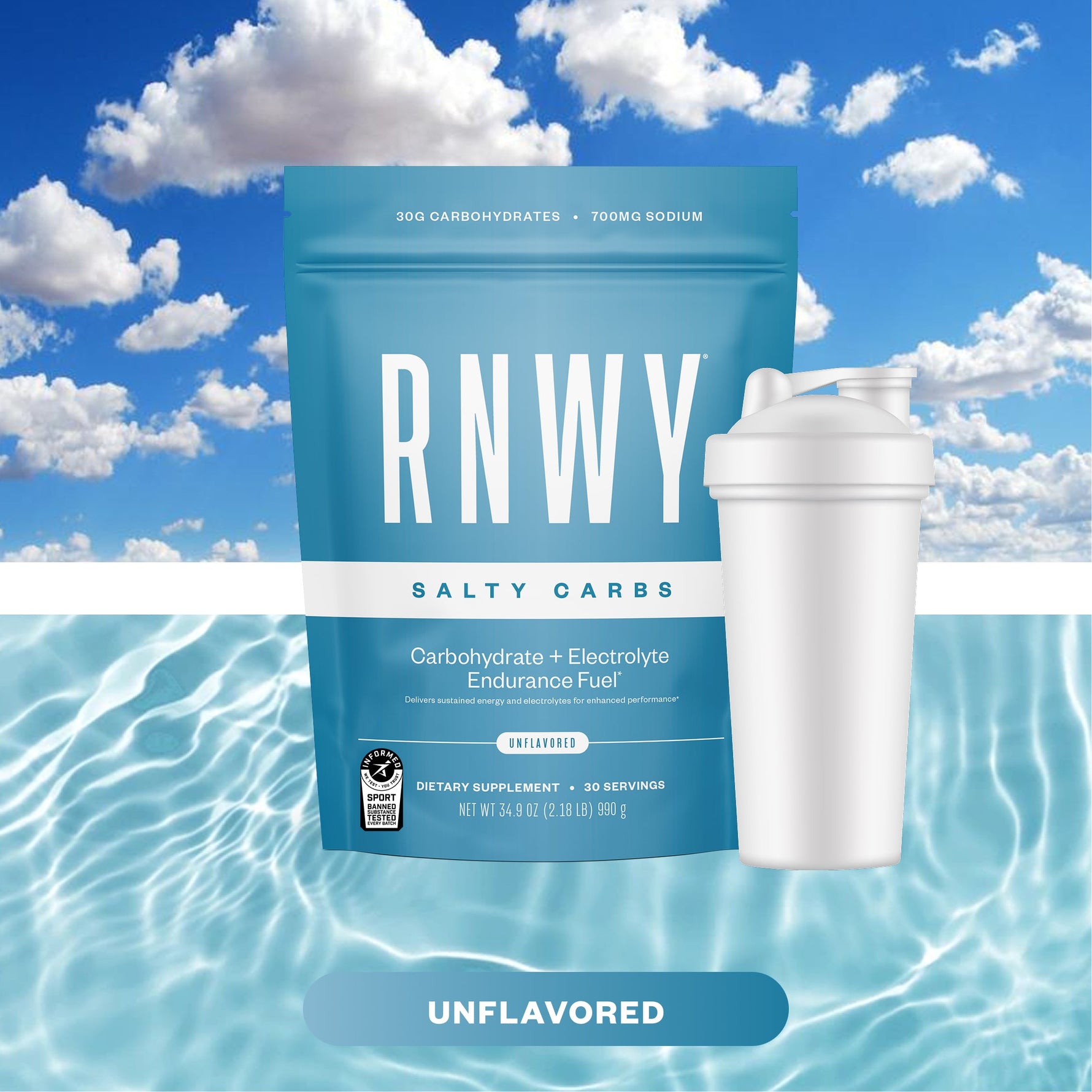 RNWY Salty Carbs unflavored carbohydrate supplement pouch with white shaker bottle on water background