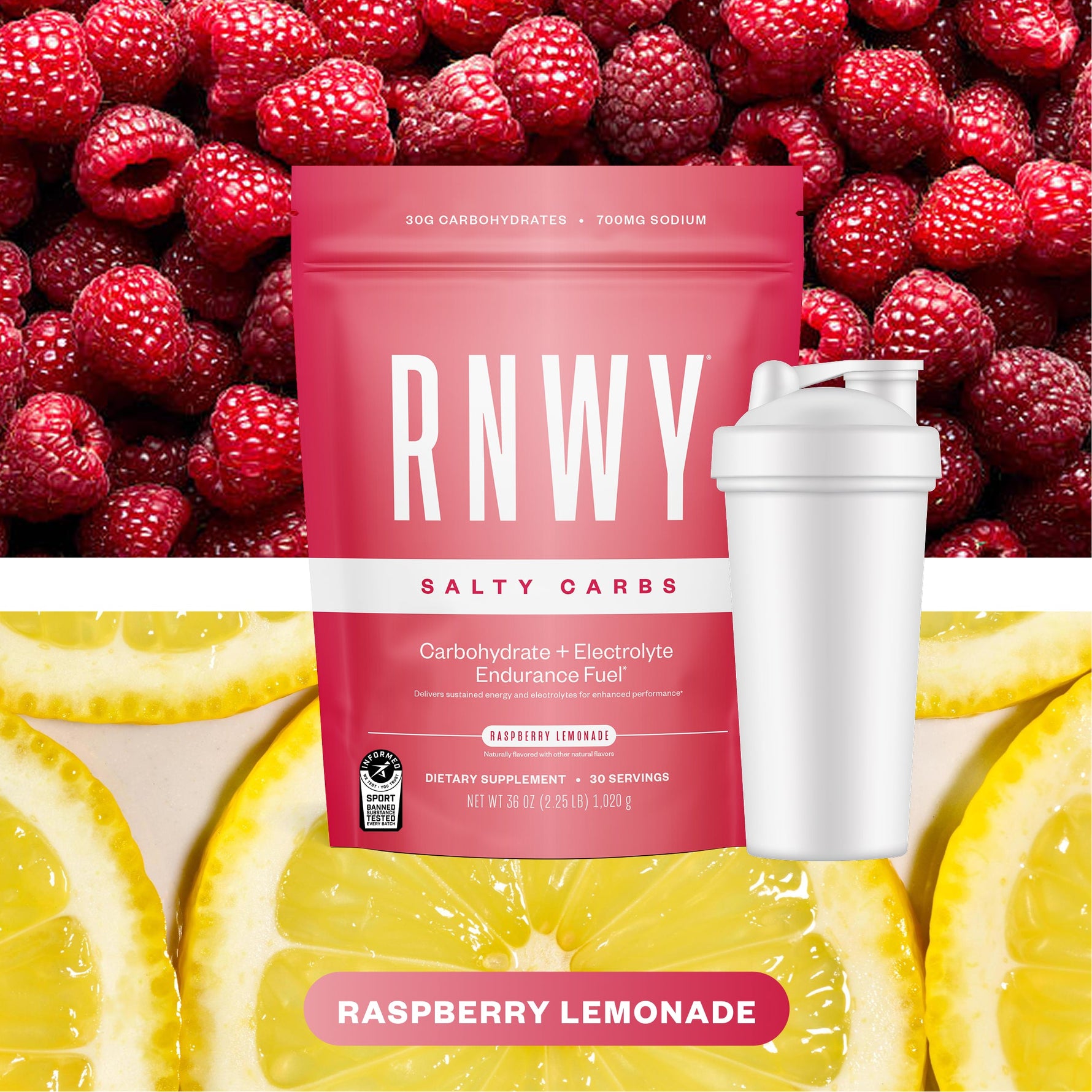 RNWY Salty Carbs raspberry lemonade endurance fuel supplement with shaker bottle