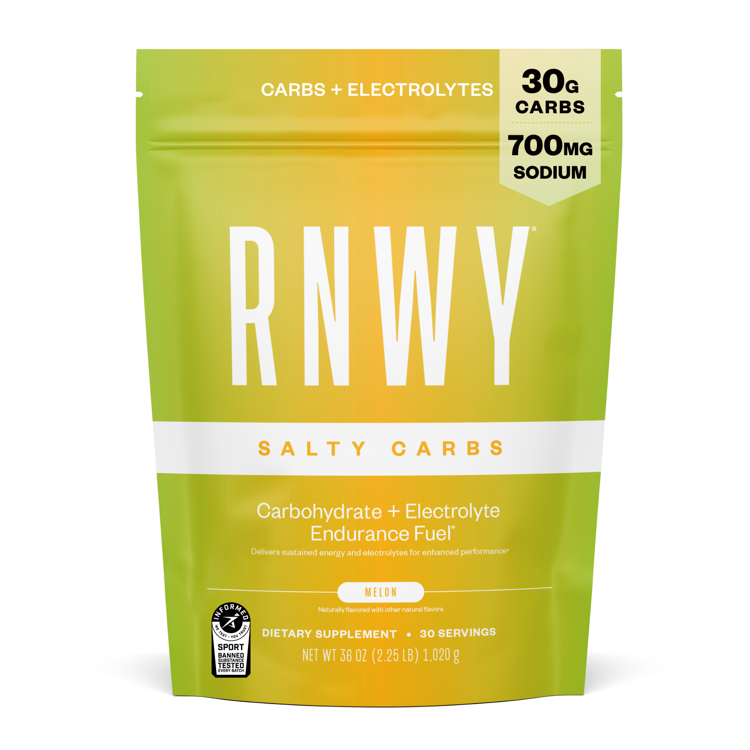 RNWY Salty Carbs endurance fuel powder in green-orange gradient pouch, melon flavor