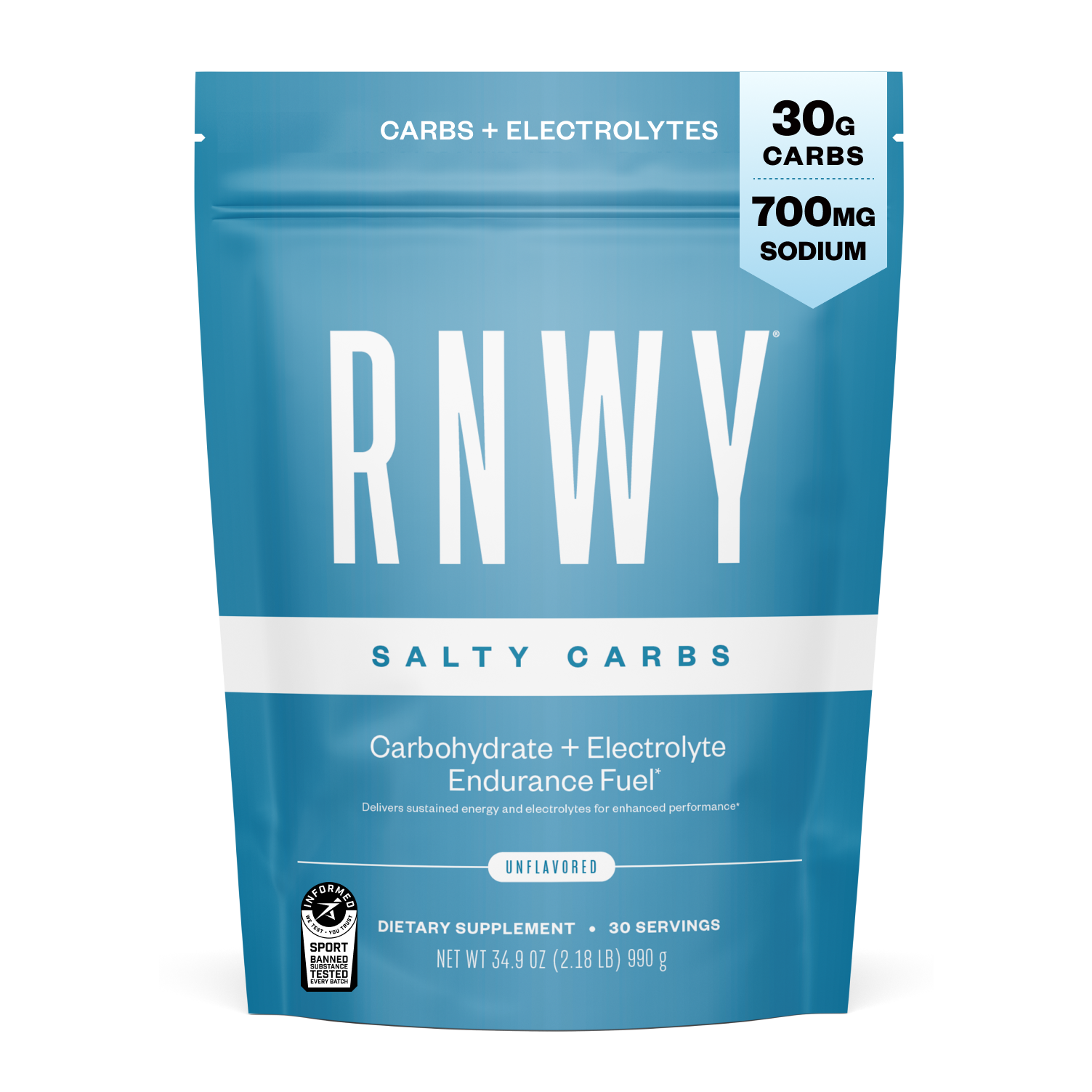 RNWY Salty Carbs blue supplement pouch with carbohydrate electrolyte endurance fuel