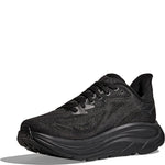 Hoka Clifton 10 Women's black running shoe front three-quarter view highlighting knit upper and cushioned sole