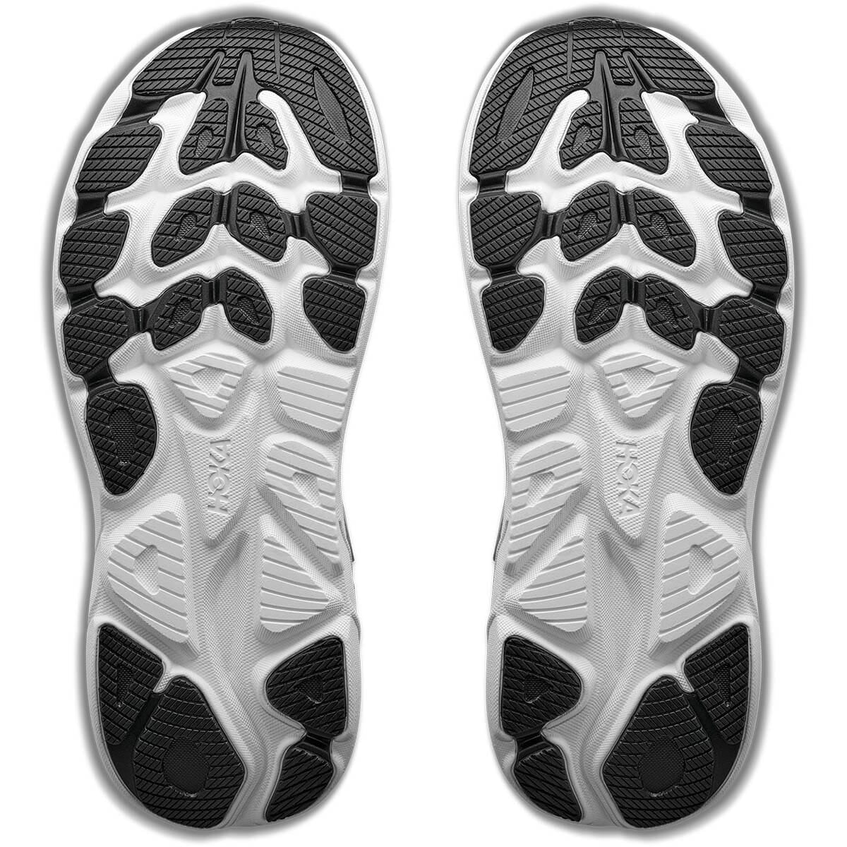 Hoka Clifton 11 outsole view showing black rubber traction pattern on white midsole