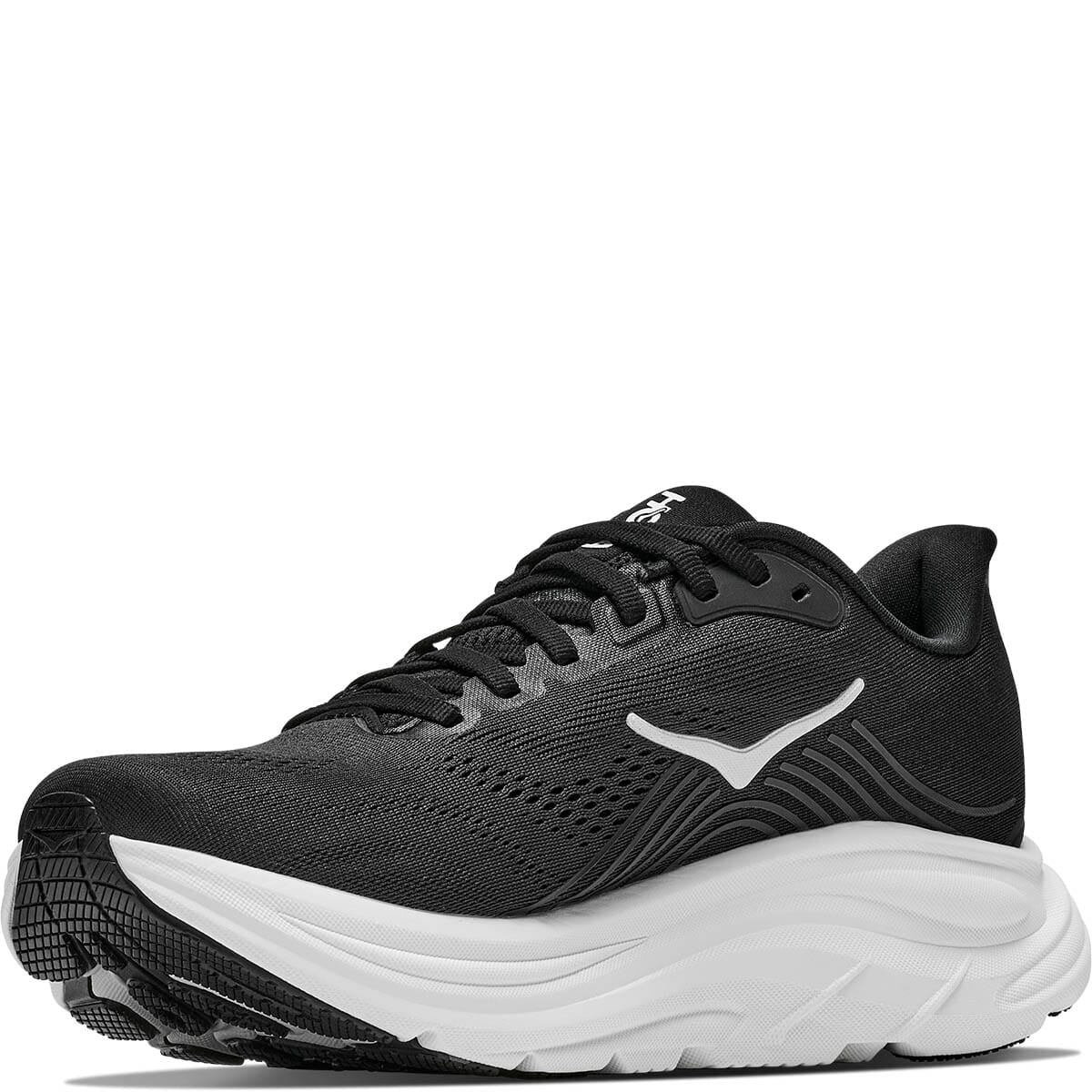Hoka Clifton 11 running shoe three-quarter front view in black with white midsole