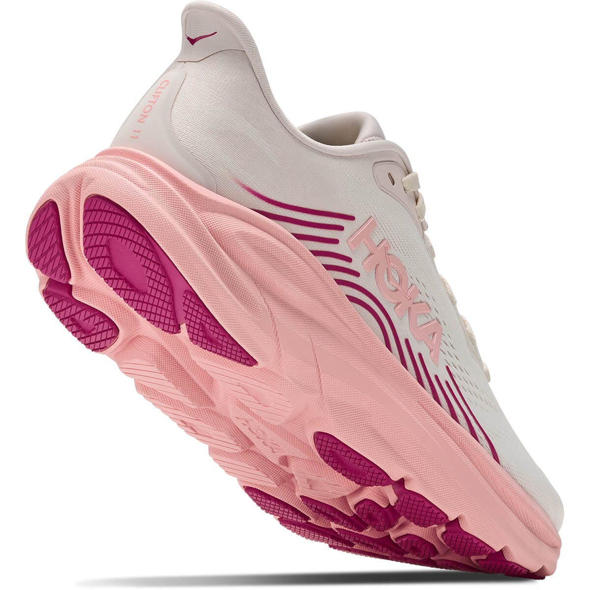Hoka Clifton 11 women's running shoe angled outsole view highlighting pink and magenta midsole cushioning