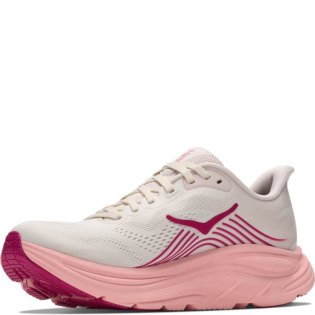 Hoka Clifton 11 women's running shoe three-quarter rear angle view in Rose Cream and Dewy Pink