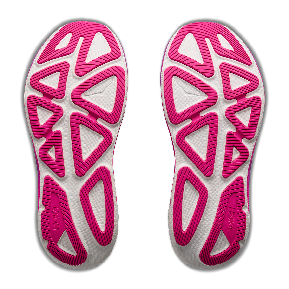 Hoka Clifton Pro outsole view showing pink rubber traction pattern on both shoes