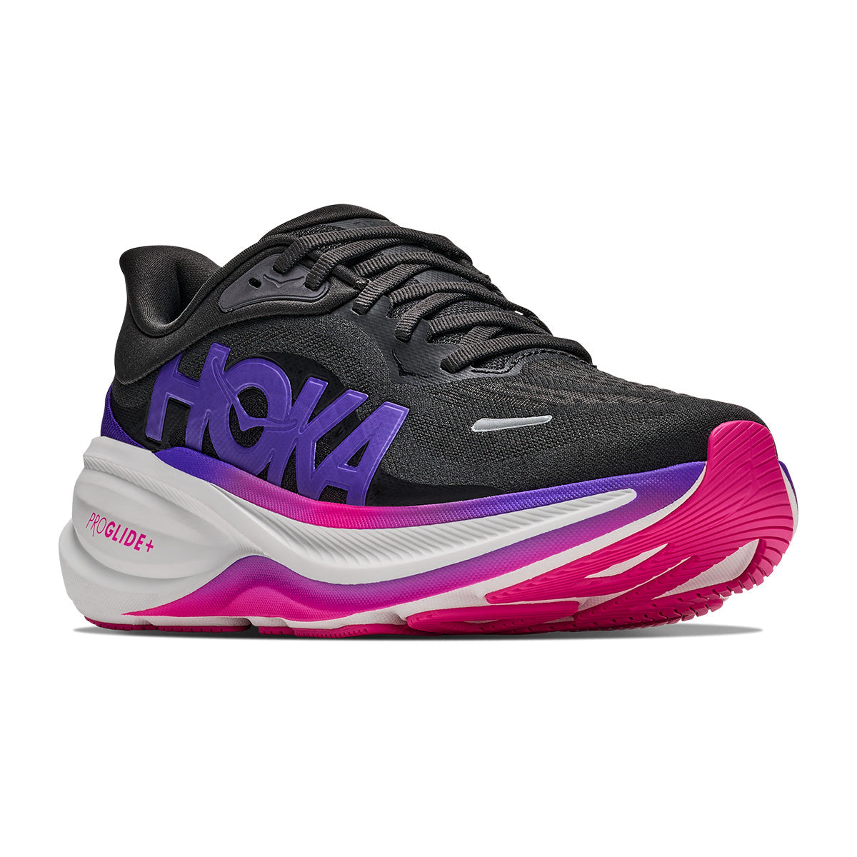 Hoka Clifton Pro Carbon Black Cosmic Purple running shoe, three-quarter front view