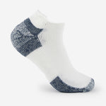 Thorlo white ankle running sock with navy blue cushioned heel and toe sections