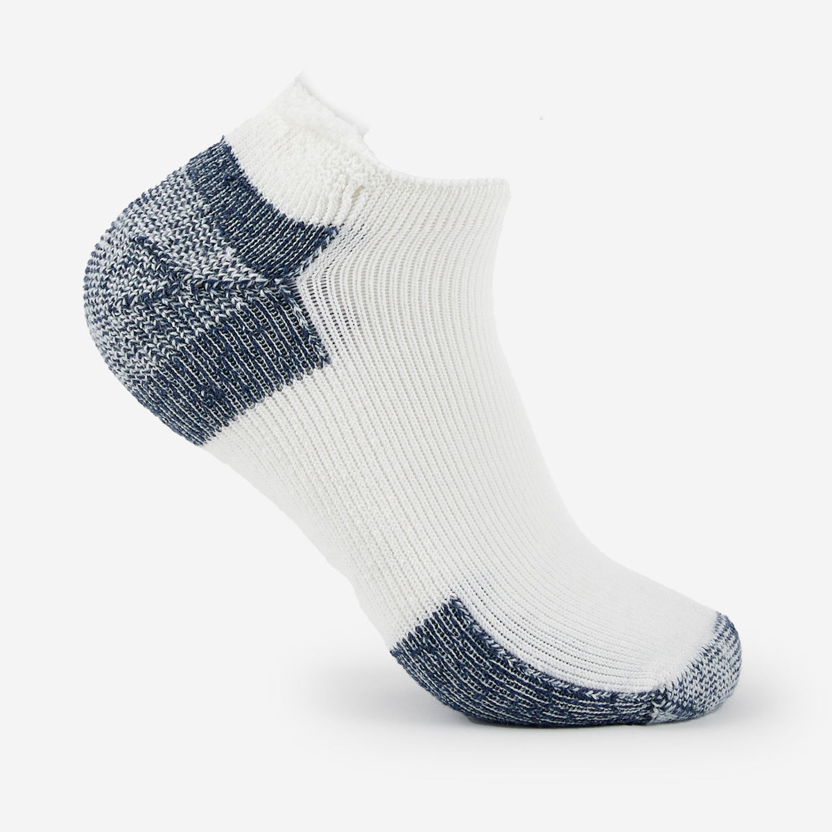 Thorlo white ankle running sock with navy blue cushioned heel and toe sections