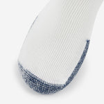 Thorlo thick cushion running sock in white with navy blue toe and heel detail