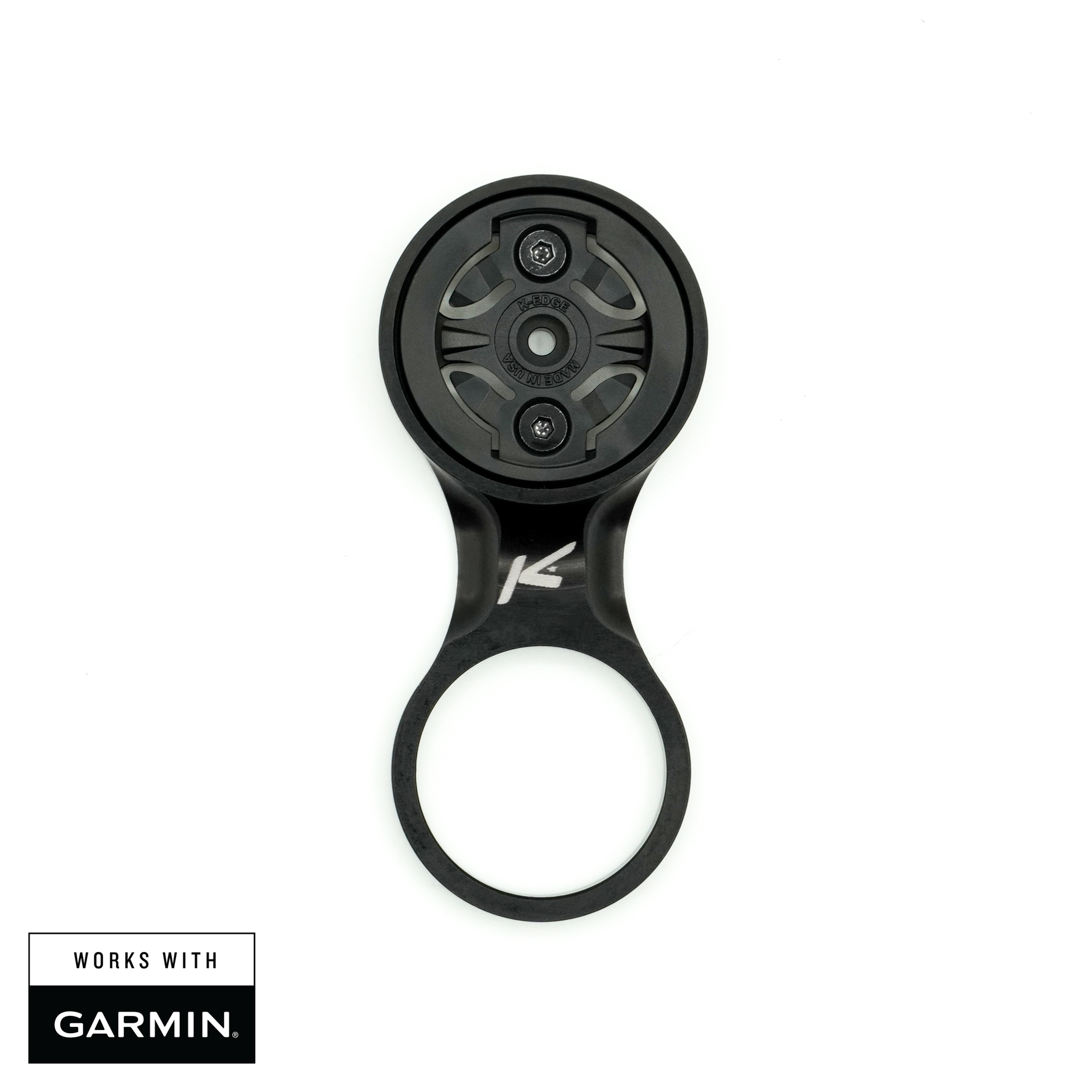 K-Edge Garmin stem mount in gun metal finish showing circular computer mount and handlebar clamp